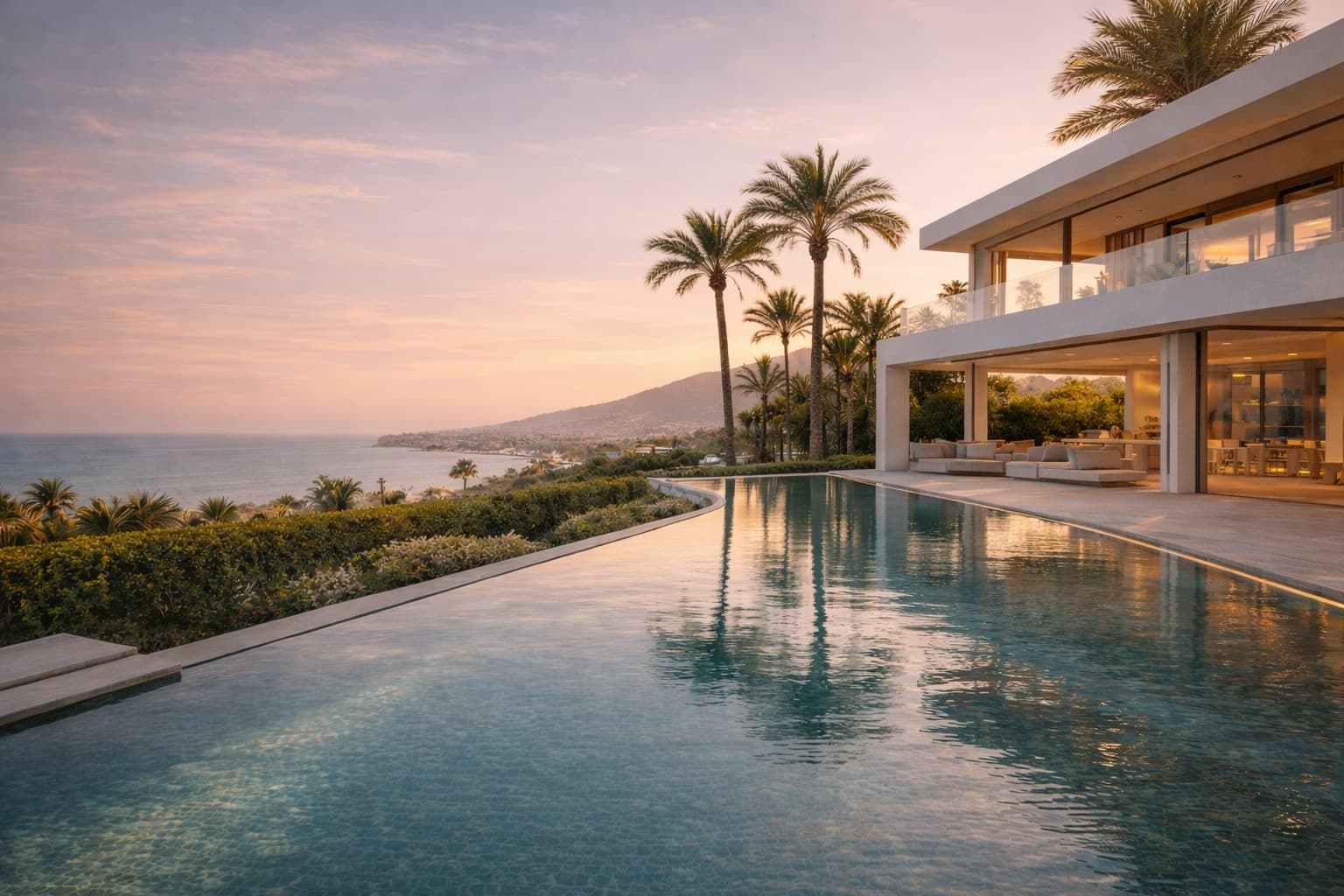 Mediterranean villa with infinity pool at sunset